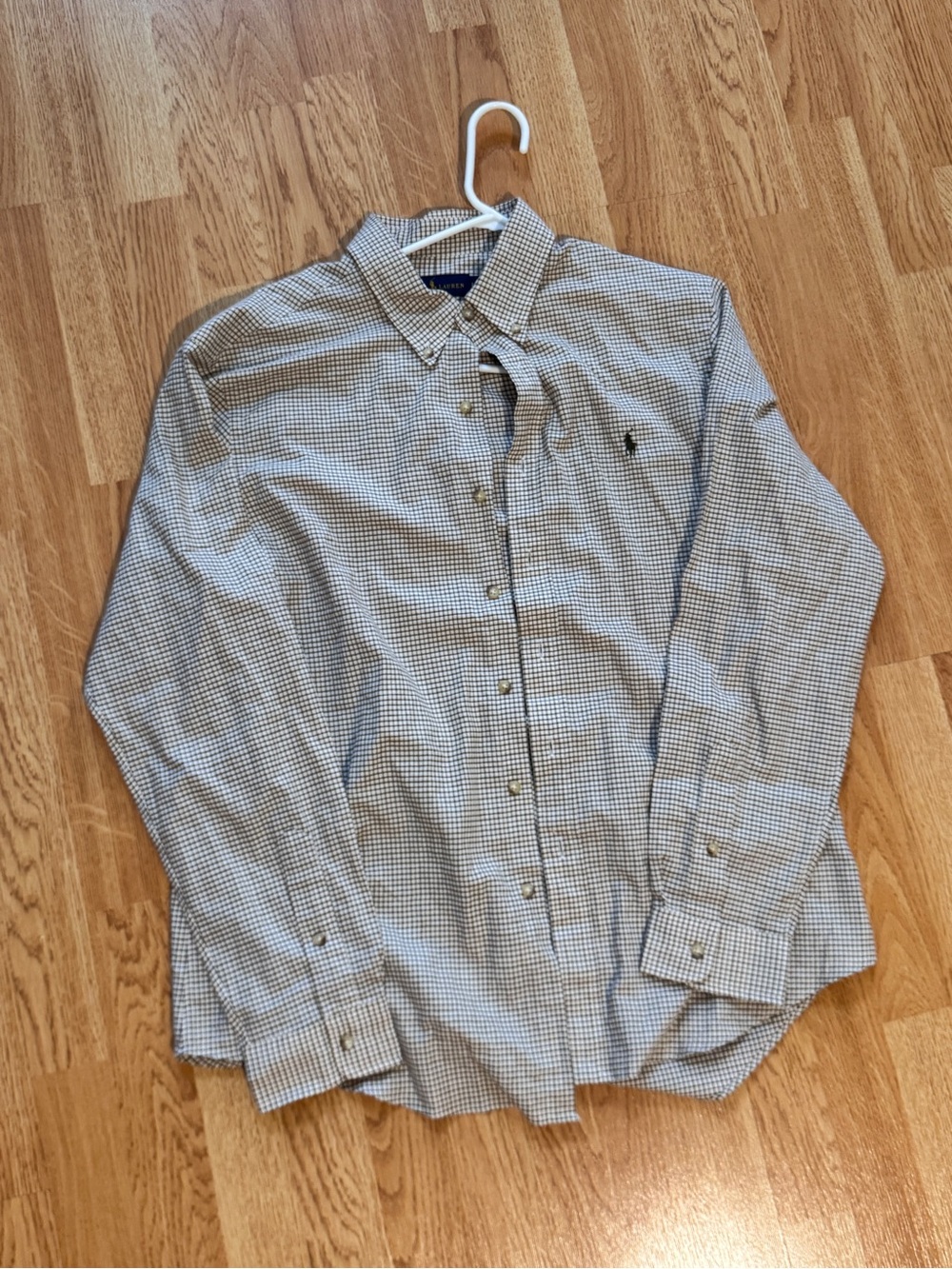EUC Ralph Lauren Men's Olive Green and Burgundy Check Button-Down Shirt- L